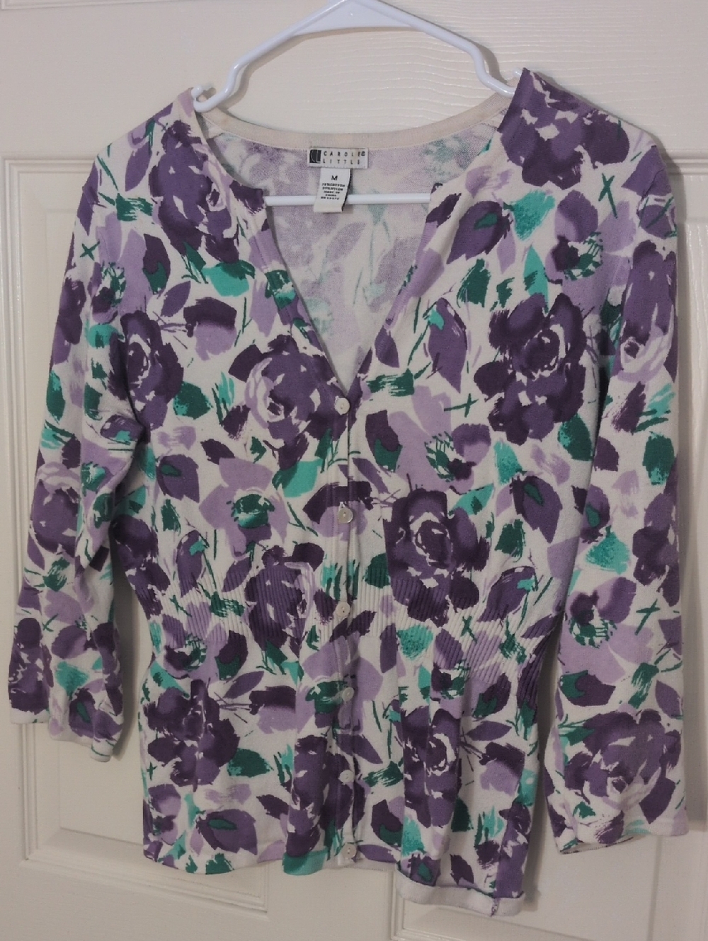 Carole Little Cream Cardigan with Purple and Teal Floral Print, Size M